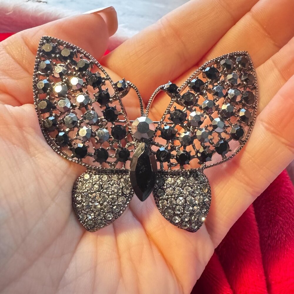 Butterfly Brooch Black Crystal Large Sparkly Statement Pin 2.5"